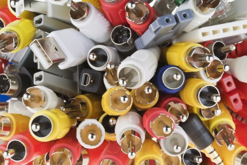 A close-up view of numerous RCA and composite video connectors with plastic casings in various colours including yellow, white, red, black, and grey. The connectors are densely packed, with some lying on top of others, and are positioned in different directions, revealing their metallic pin and socket components. The plastic exteriors show textures ranging from smooth to slightly ridged. The background appears blurred but suggests an indoor setting, possibly within a workshop or storage area. This collection of connectors reflects the type of waste often encountered in electronic and audiovisual rubbish removal services around Tunbridge Wells, highlighting items that are typical targets for disposal during house clearance projects managed by House Clearance Tunbridge Wells. The lighting is neutral and evenly distributed, showing the details of each connector clearly, ready for collection or recycling as part of professional rubbish removal in the local area.
